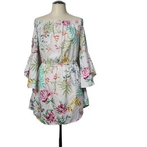 Hint Of Blush Floral Print Tunic Bell Sleeves Off Shoulder Mini Dress M
